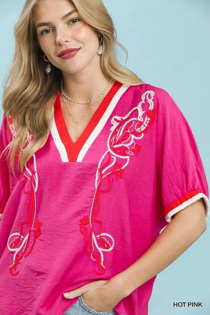 Umgee Embroidered Floral V - Neck Short Sleeve Blouse with Contrast Trim - Bitsy Gypsy Boutique
