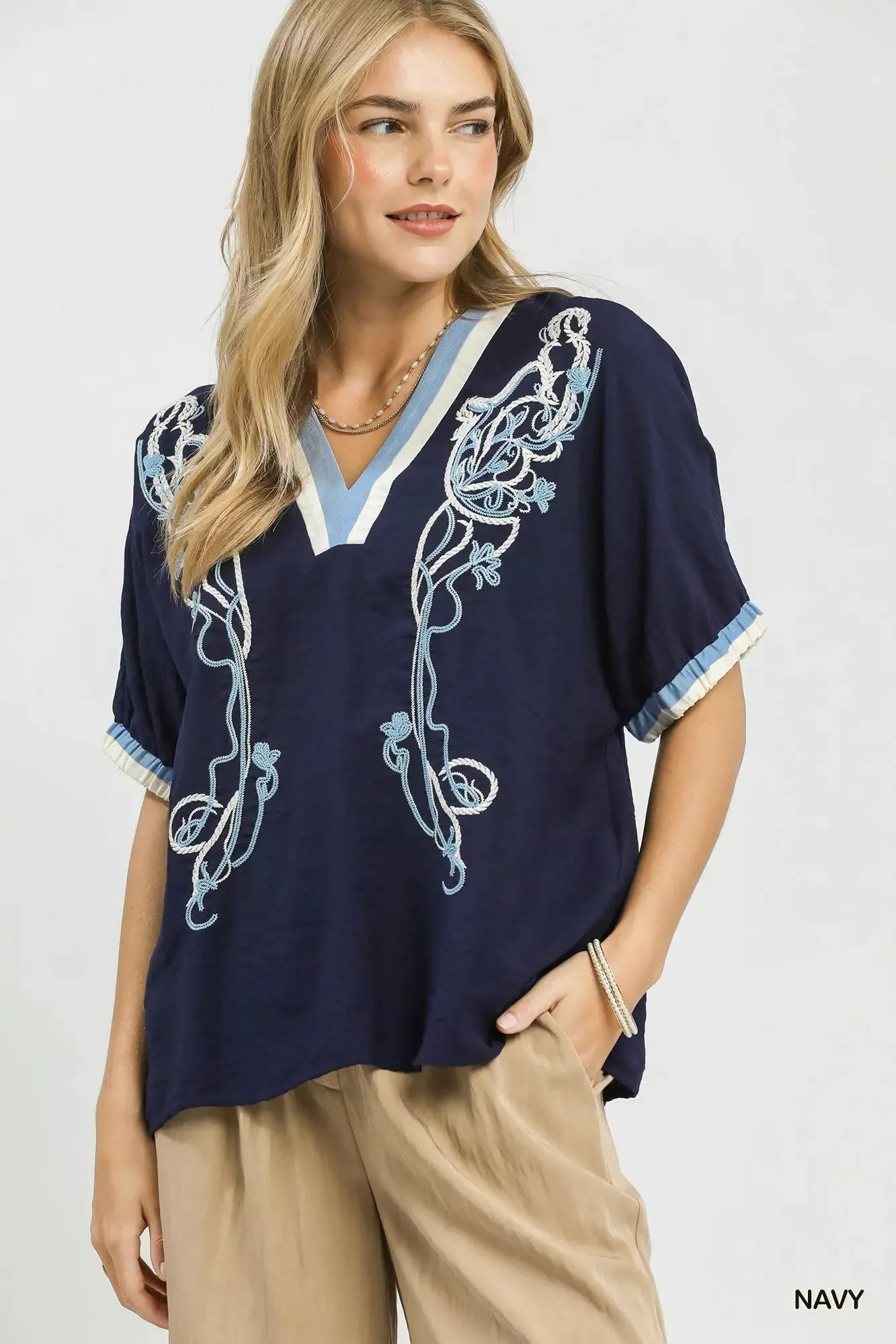 Umgee Embroidered Floral V - Neck Short Sleeve Blouse with Contrast Trim - Bitsy Gypsy Boutique