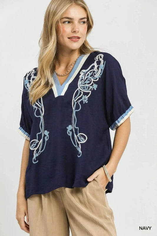 Umgee Embroidered Floral V - Neck Short Sleeve Blouse with Contrast Trim - Bitsy Gypsy Boutique