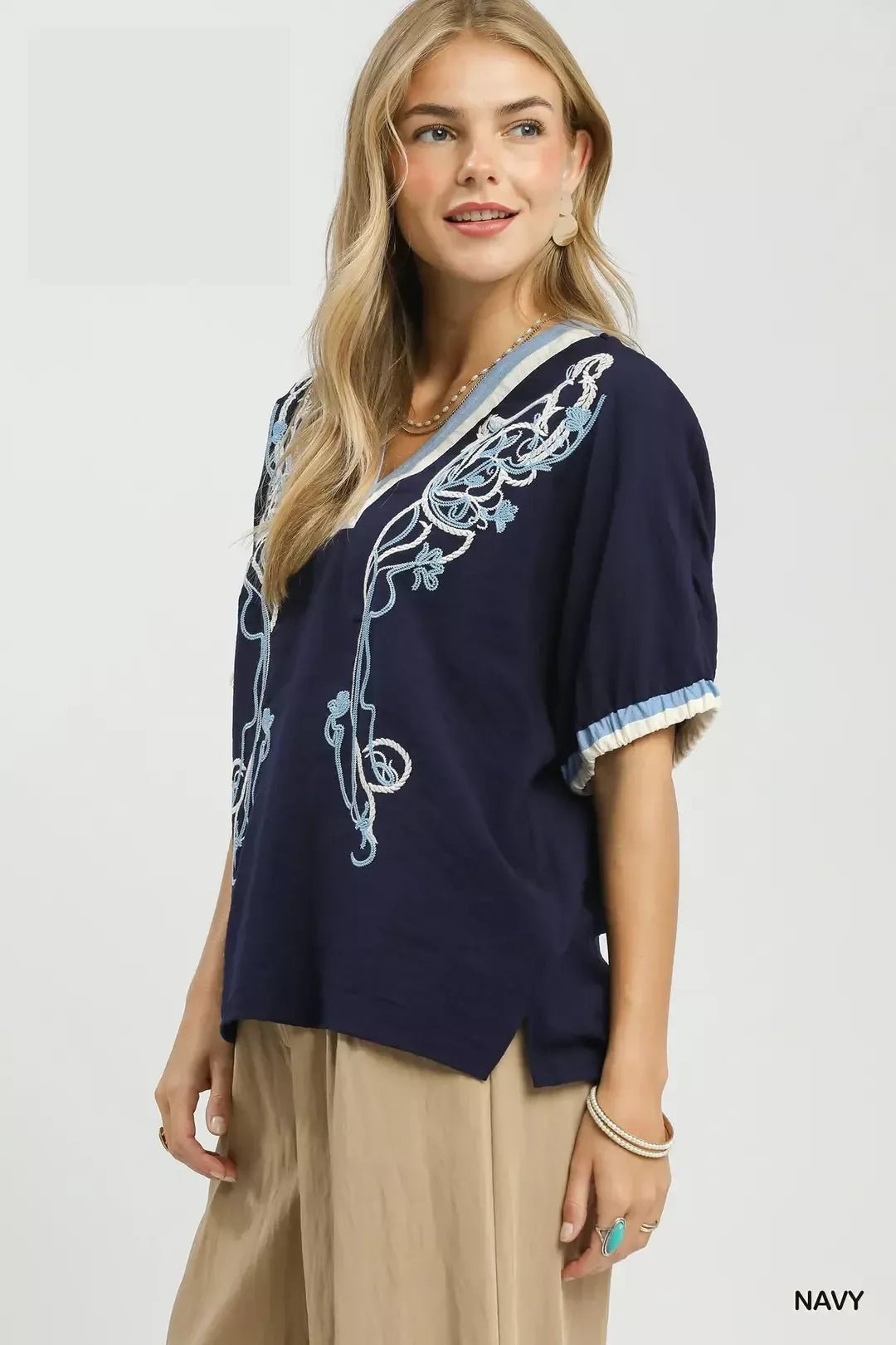 Umgee Embroidered Floral V - Neck Short Sleeve Blouse with Contrast Trim - Bitsy Gypsy Boutique