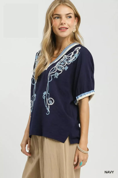 Umgee Embroidered Floral V - Neck Short Sleeve Blouse with Contrast Trim - Bitsy Gypsy Boutique