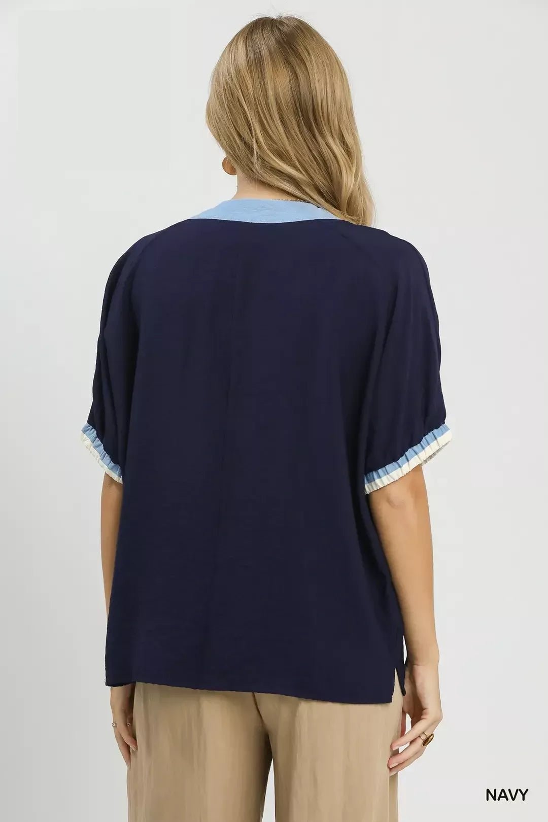 Umgee Embroidered Floral V - Neck Short Sleeve Blouse with Contrast Trim - Bitsy Gypsy Boutique