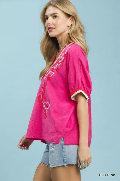 Umgee Embroidered Floral V - Neck Short Sleeve Blouse with Contrast Trim - Bitsy Gypsy Boutique