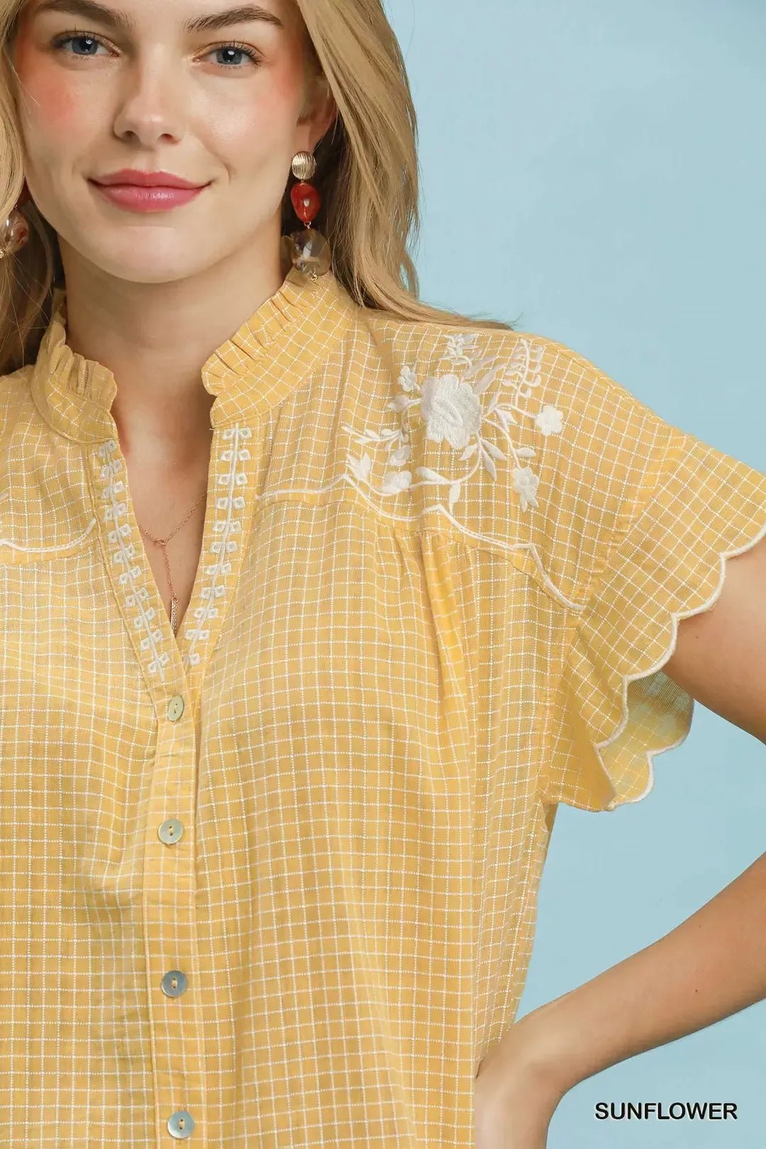 Umgee Embroidered Print Scallop Sleeve Button Front Blouse - Bitsy Gypsy Boutique