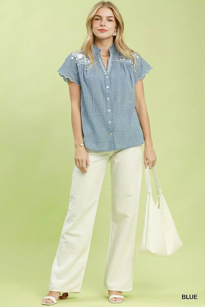 Umgee Embroidered Print Scallop Sleeve Button Front Blouse - Bitsy Gypsy Boutique
