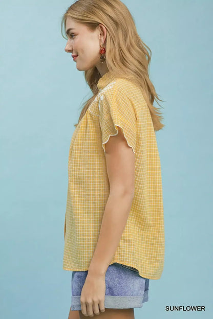 Umgee Embroidered Print Scallop Sleeve Button Front Blouse - Bitsy Gypsy Boutique