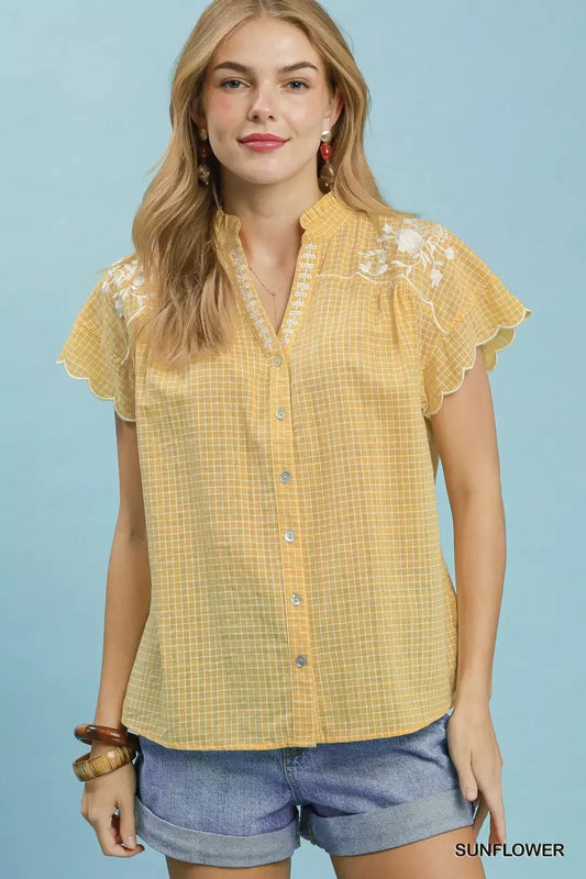 Umgee Embroidered Print Scallop Sleeve Button Front Blouse - Bitsy Gypsy Boutique