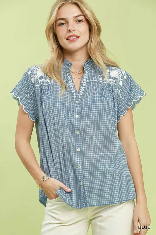Umgee Embroidered Print Scallop Sleeve Button Front Blouse - Bitsy Gypsy Boutique