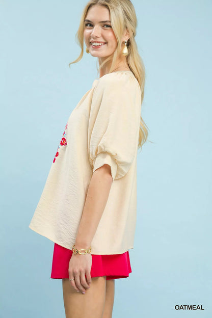 Umgee Embroidered Puff Sleeve Blouse - Bitsy Gypsy Boutique
