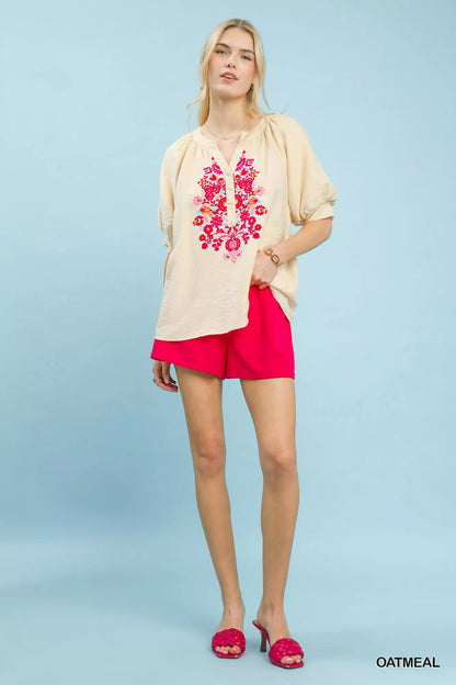 Umgee Embroidered Puff Sleeve Blouse - Bitsy Gypsy Boutique