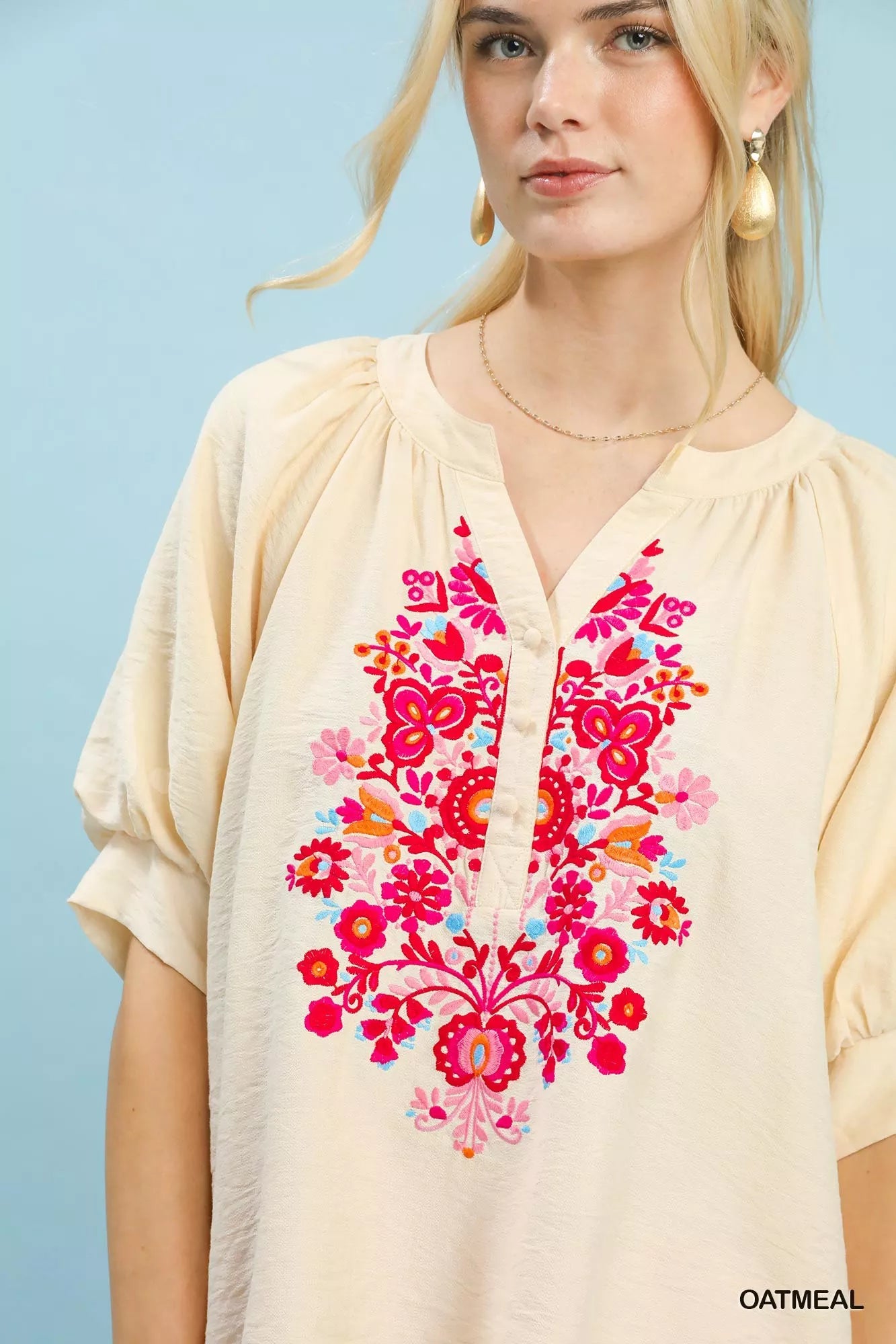 Umgee Embroidered Puff Sleeve Blouse - Bitsy Gypsy Boutique