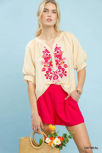 Umgee Embroidered Puff Sleeve Blouse - Bitsy Gypsy Boutique