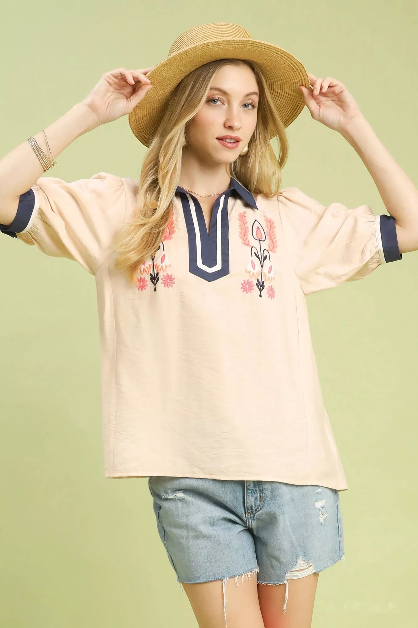 Umgee Embroidered Puff Sleeve Contrast Trim Top - Bitsy Gypsy Boutique