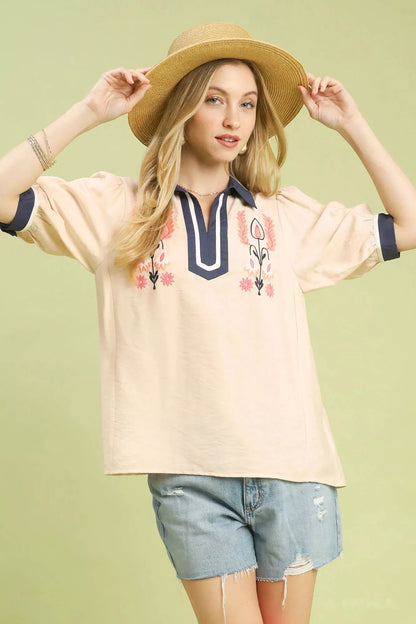 Umgee Embroidered Puff Sleeve Contrast Trim Top - Bitsy Gypsy Boutique