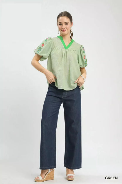 Umgee Embroidered Puff Sleeve Top - Bitsy Gypsy Boutique