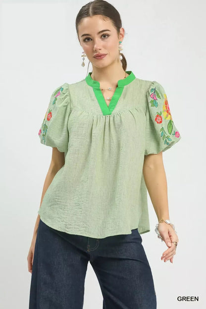 Umgee Embroidered Puff Sleeve Top - Bitsy Gypsy Boutique