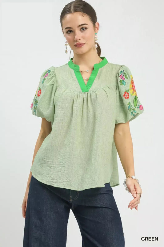 Umgee Embroidered Puff Sleeve Top - Bitsy Gypsy Boutique