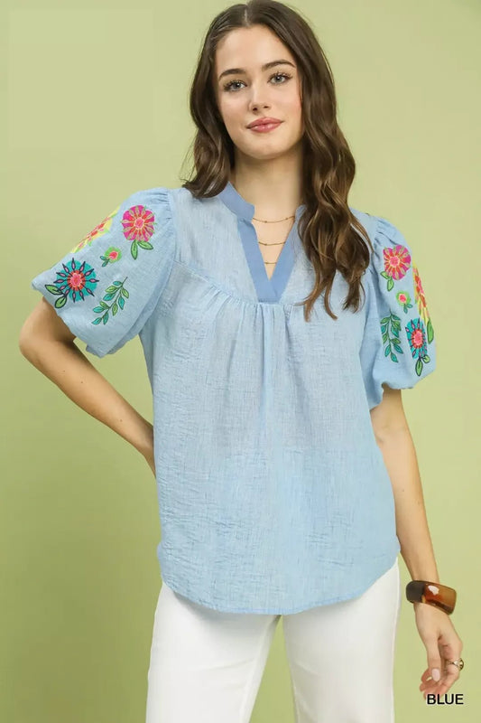 Umgee Embroidered Puff Sleeve Top - Bitsy Gypsy Boutique