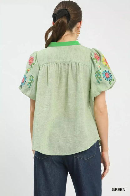 Umgee Embroidered Puff Sleeve Top - Bitsy Gypsy Boutique