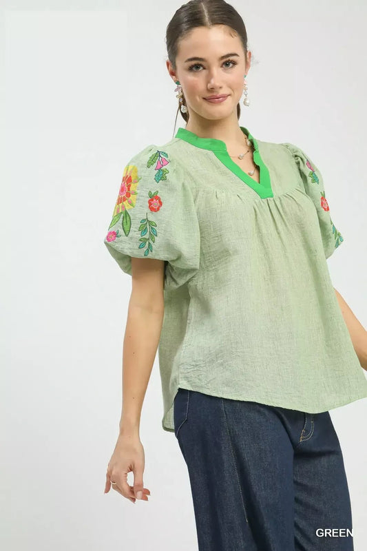 Umgee Embroidered Puff Sleeve Top - Bitsy Gypsy Boutique