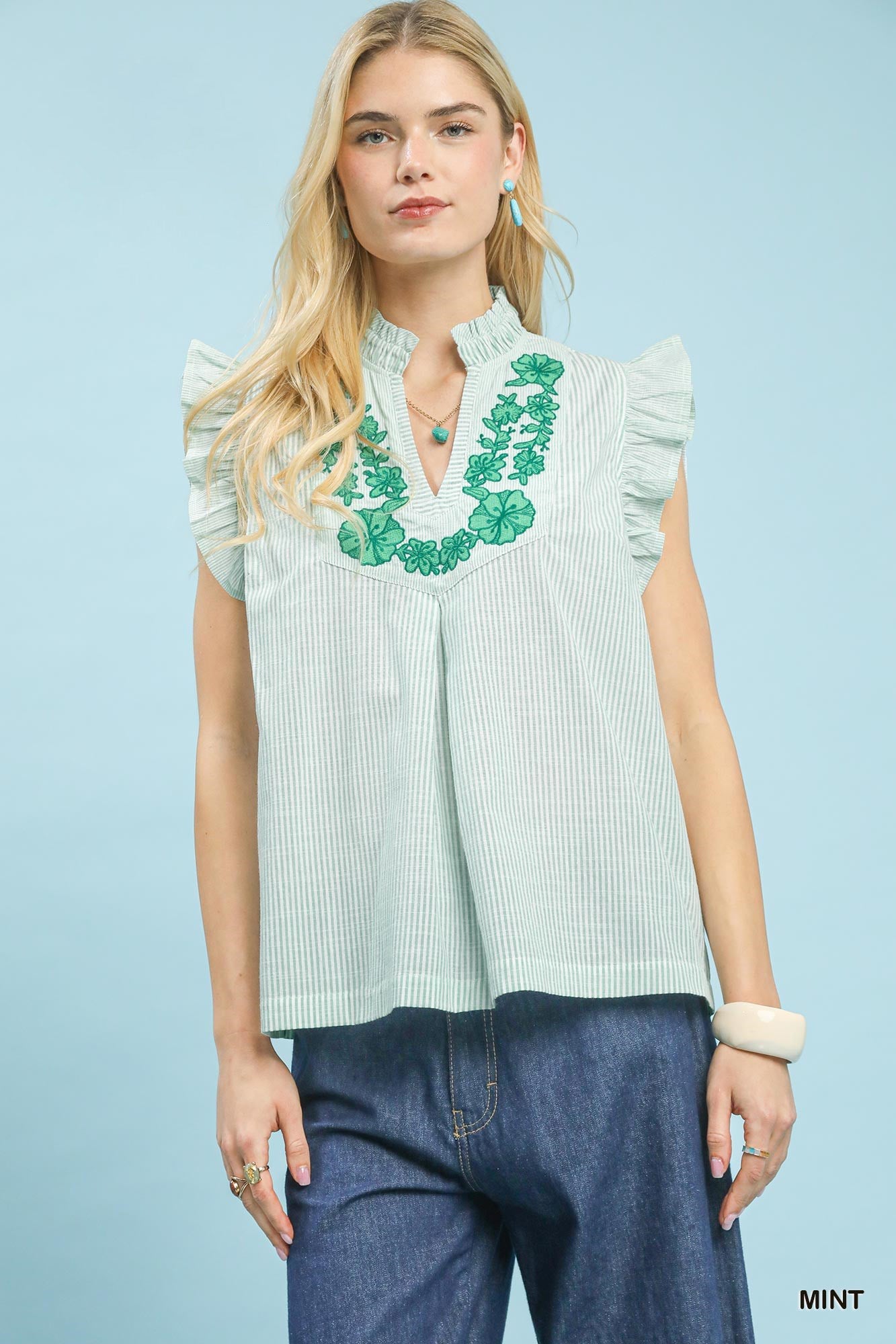 Umgee Embroidered Ruffle Sleeve Popover Top - Bitsy Gypsy Boutique