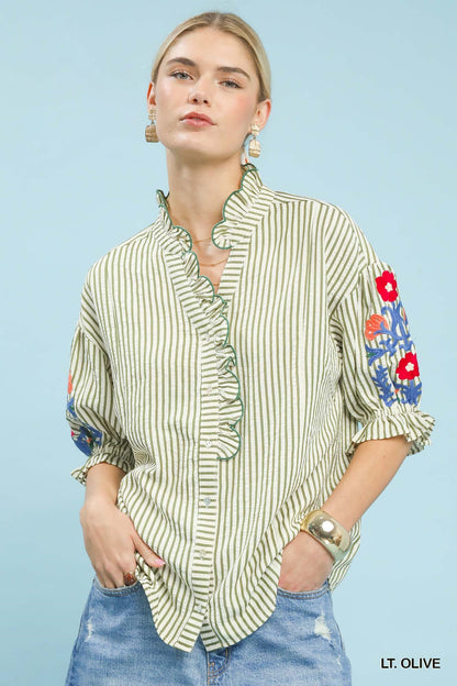 Umgee Embroidered Ruffle Trim Stripe Blouse - Bitsy Gypsy Boutique