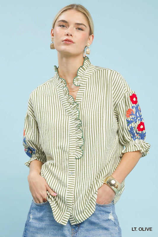 Umgee Embroidered Ruffle Trim Stripe Blouse - Bitsy Gypsy Boutique