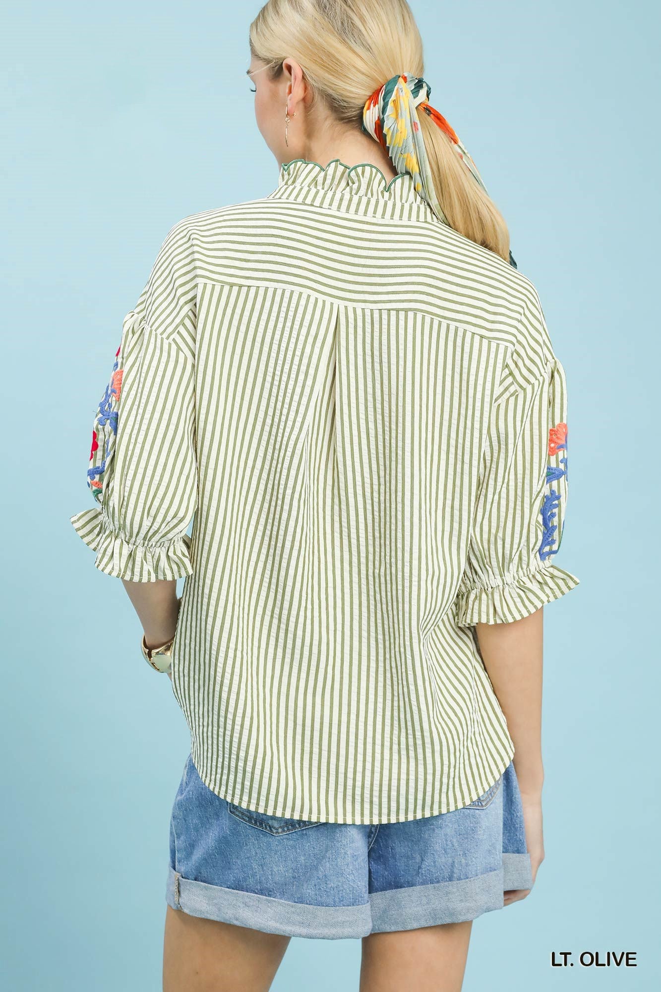 Umgee Embroidered Ruffle Trim Stripe Blouse - Bitsy Gypsy Boutique