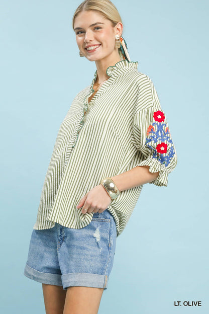 Umgee Embroidered Ruffle Trim Stripe Blouse - Bitsy Gypsy Boutique