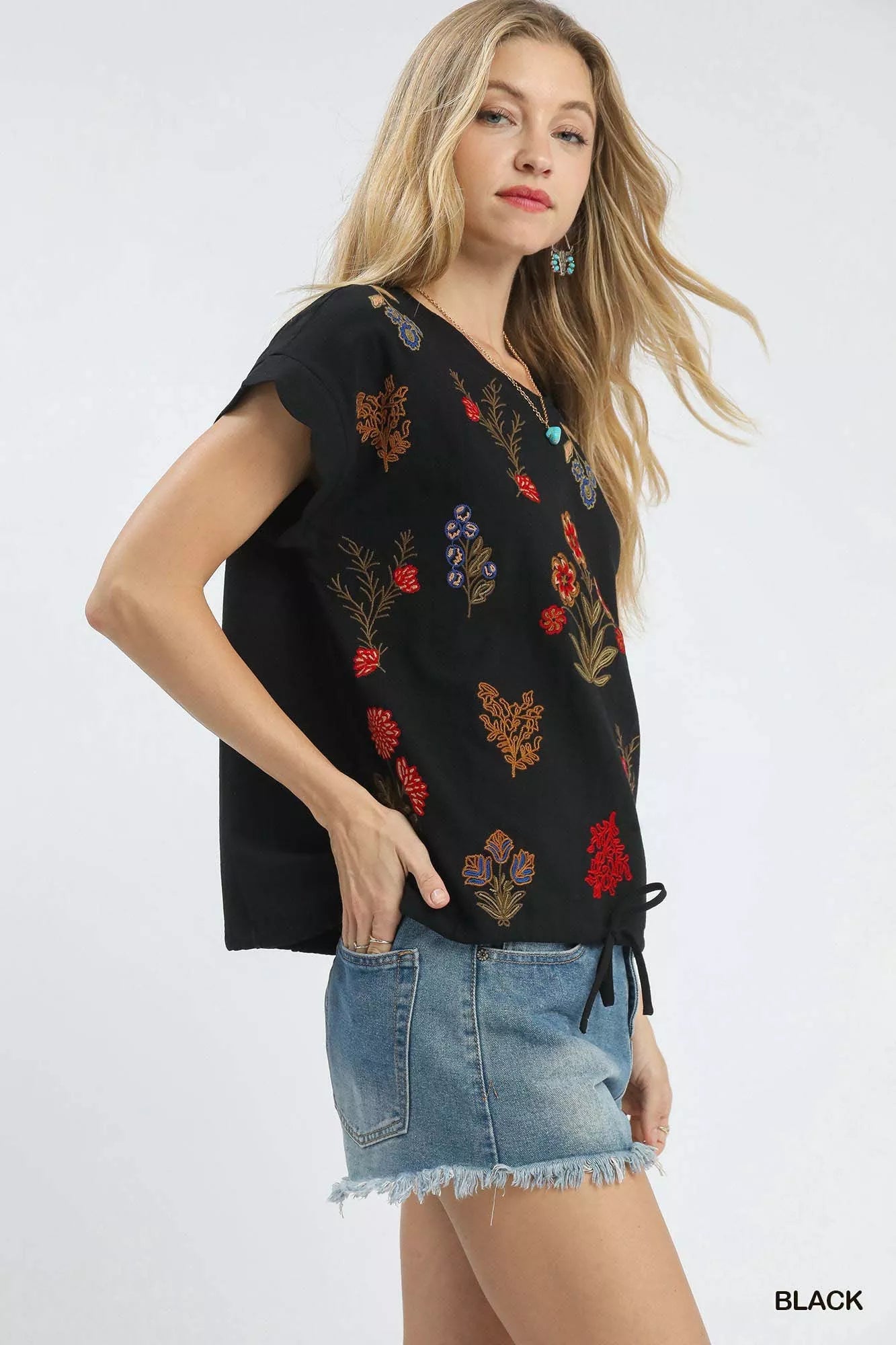 Umgee Embroidered Scallop Sleeve Top with Drawstring Hem - Bitsy Gypsy Boutique