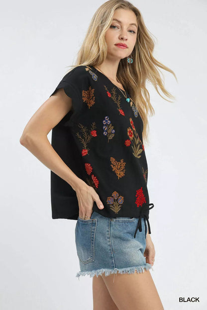 Umgee Embroidered Scallop Sleeve Top with Drawstring Hem - Bitsy Gypsy Boutique
