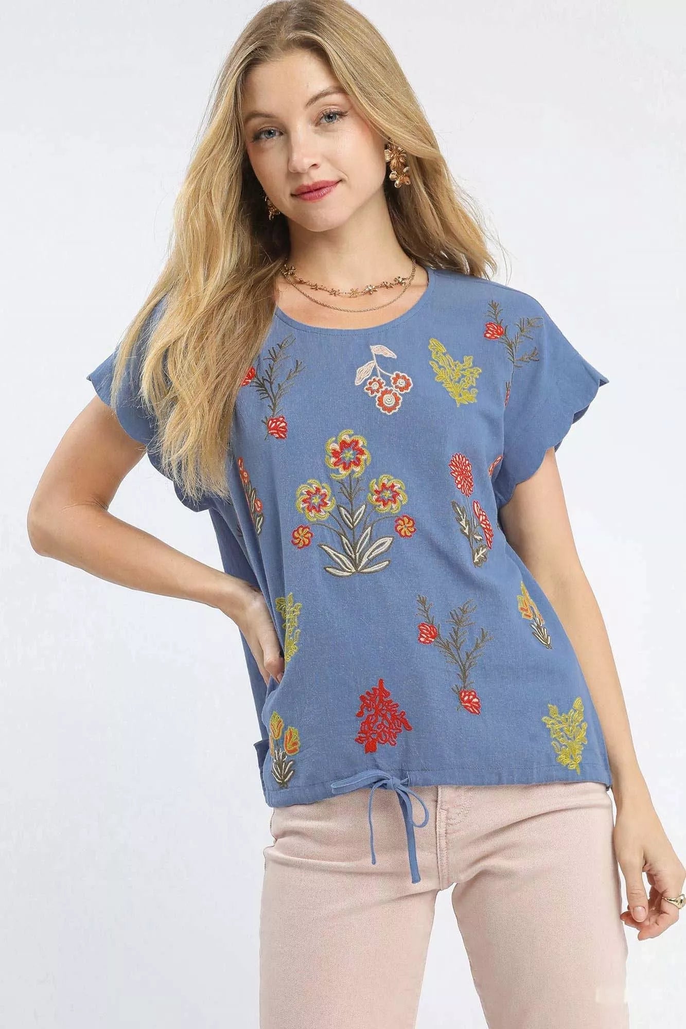 Umgee Embroidered Scallop Sleeve Top with Drawstring Hem - Bitsy Gypsy Boutique