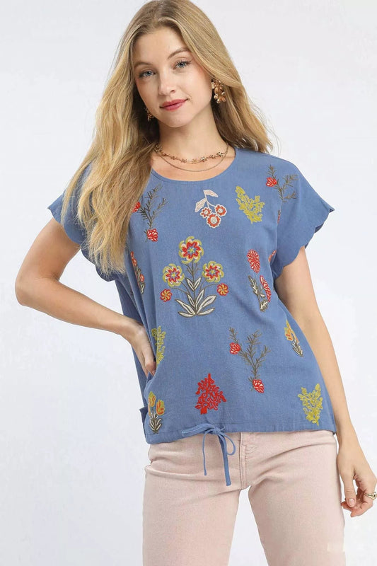 Umgee Embroidered Scallop Sleeve Top with Drawstring Hem - Bitsy Gypsy Boutique