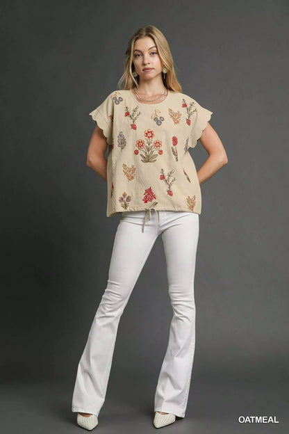 Umgee Embroidered Scallop Sleeve Top with Drawstring Hem - Bitsy Gypsy Boutique