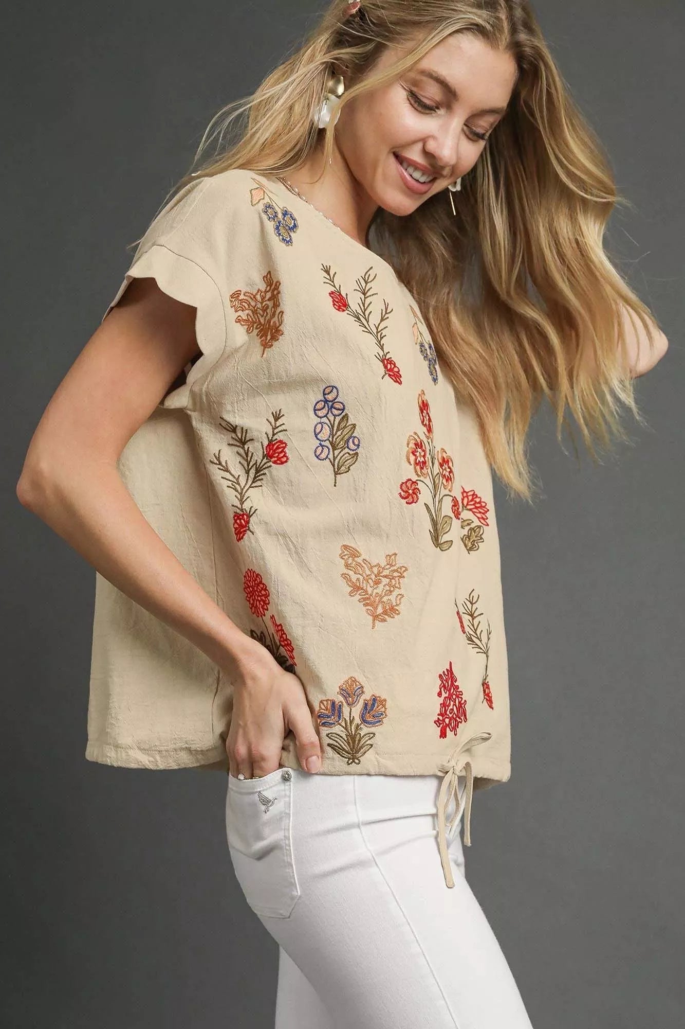 Umgee Embroidered Scallop Sleeve Top with Drawstring Hem - Bitsy Gypsy Boutique