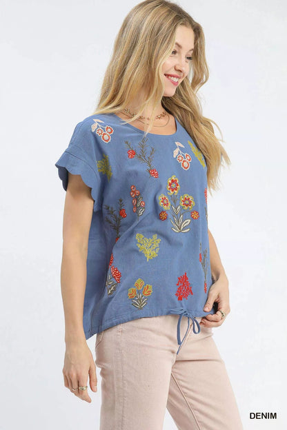 Umgee Embroidered Scallop Sleeve Top with Drawstring Hem - Bitsy Gypsy Boutique