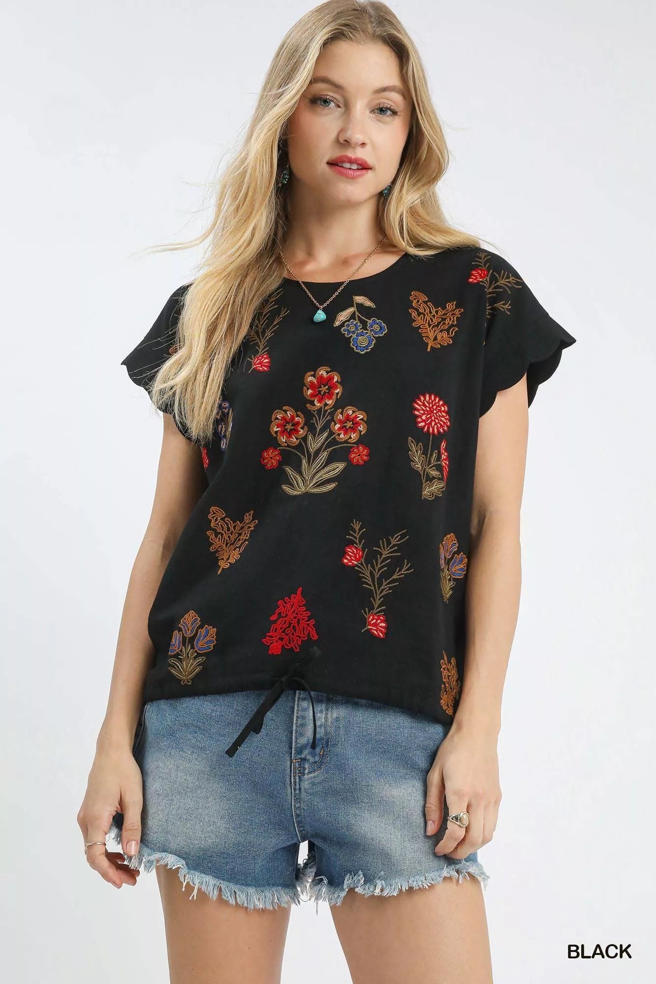 Umgee Embroidered Scallop Sleeve Top with Drawstring Hem - Bitsy Gypsy Boutique