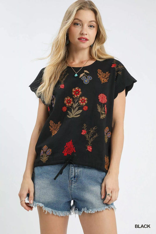 Umgee Embroidered Scallop Sleeve Top with Drawstring Hem - Bitsy Gypsy Boutique