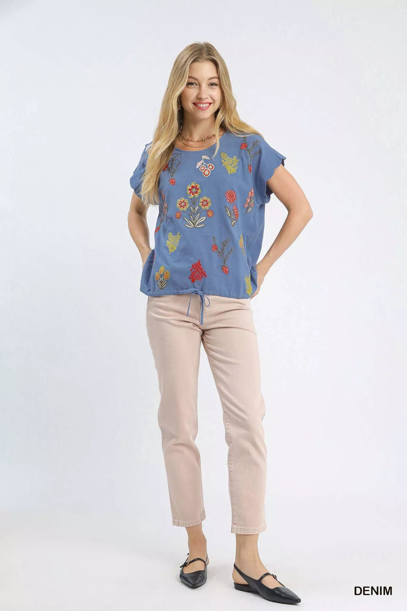 Umgee Embroidered Scallop Sleeve Top with Drawstring Hem - Bitsy Gypsy Boutique