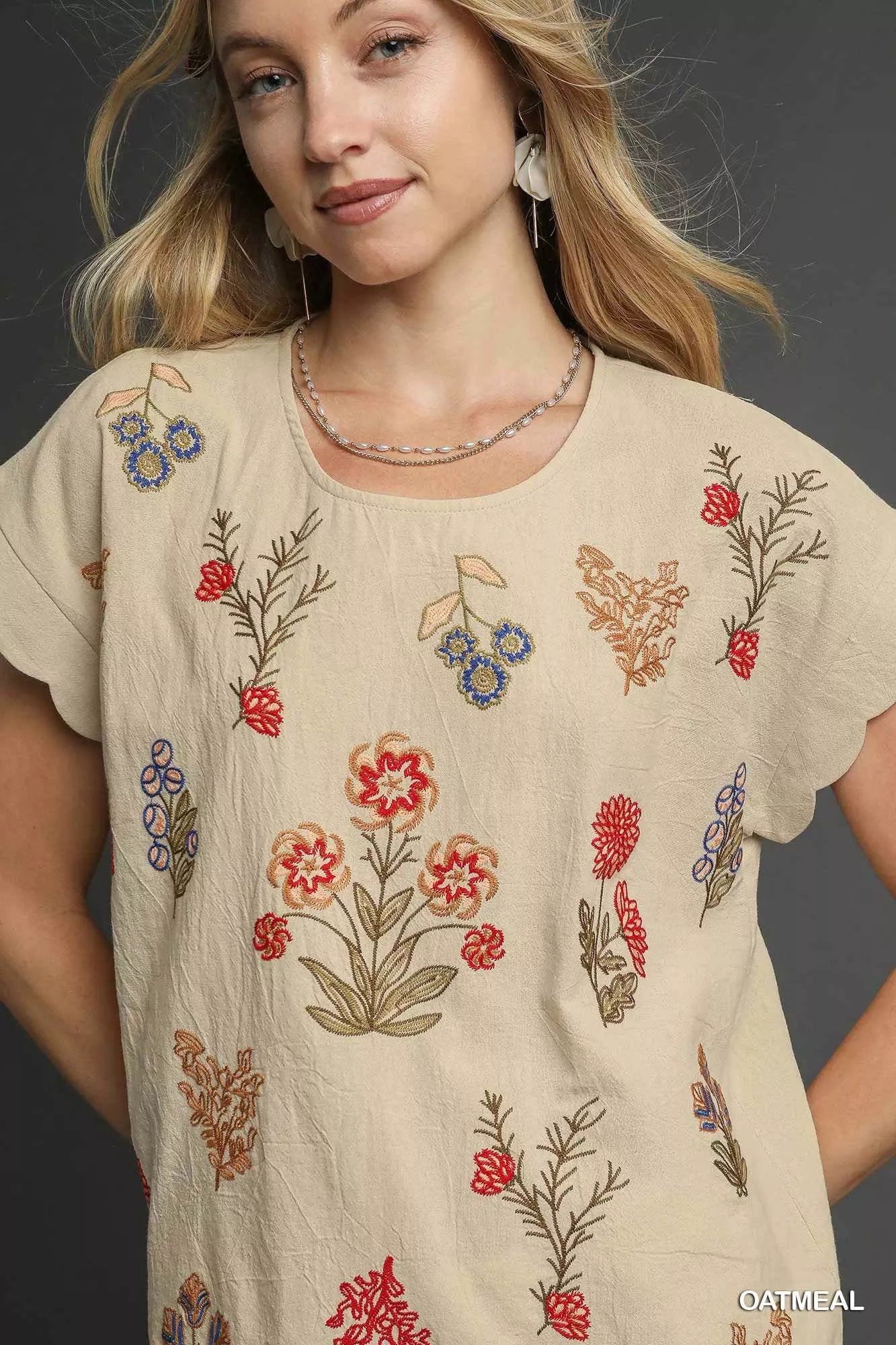 Umgee Embroidered Scallop Sleeve Top with Drawstring Hem - Bitsy Gypsy Boutique