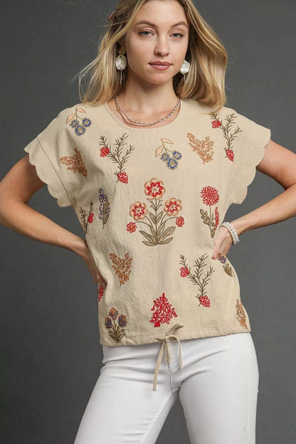 Umgee Embroidered Scallop Sleeve Top with Drawstring Hem - Bitsy Gypsy Boutique