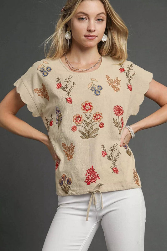 Umgee Embroidered Scallop Sleeve Top with Drawstring Hem - Bitsy Gypsy Boutique