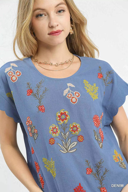 Umgee Embroidered Scallop Sleeve Top with Drawstring Hem - Bitsy Gypsy Boutique