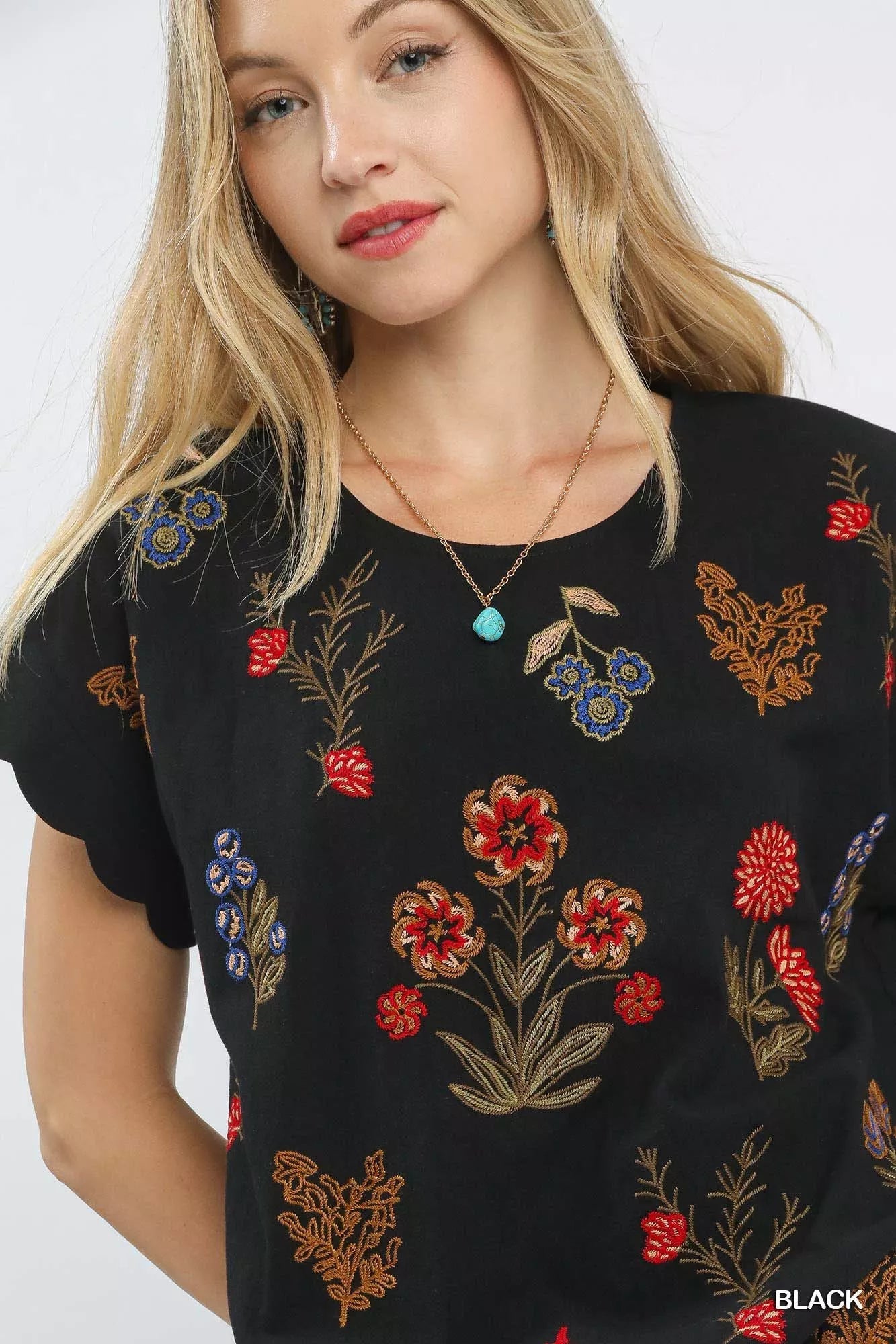 Umgee Embroidered Scallop Sleeve Top with Drawstring Hem - Bitsy Gypsy Boutique