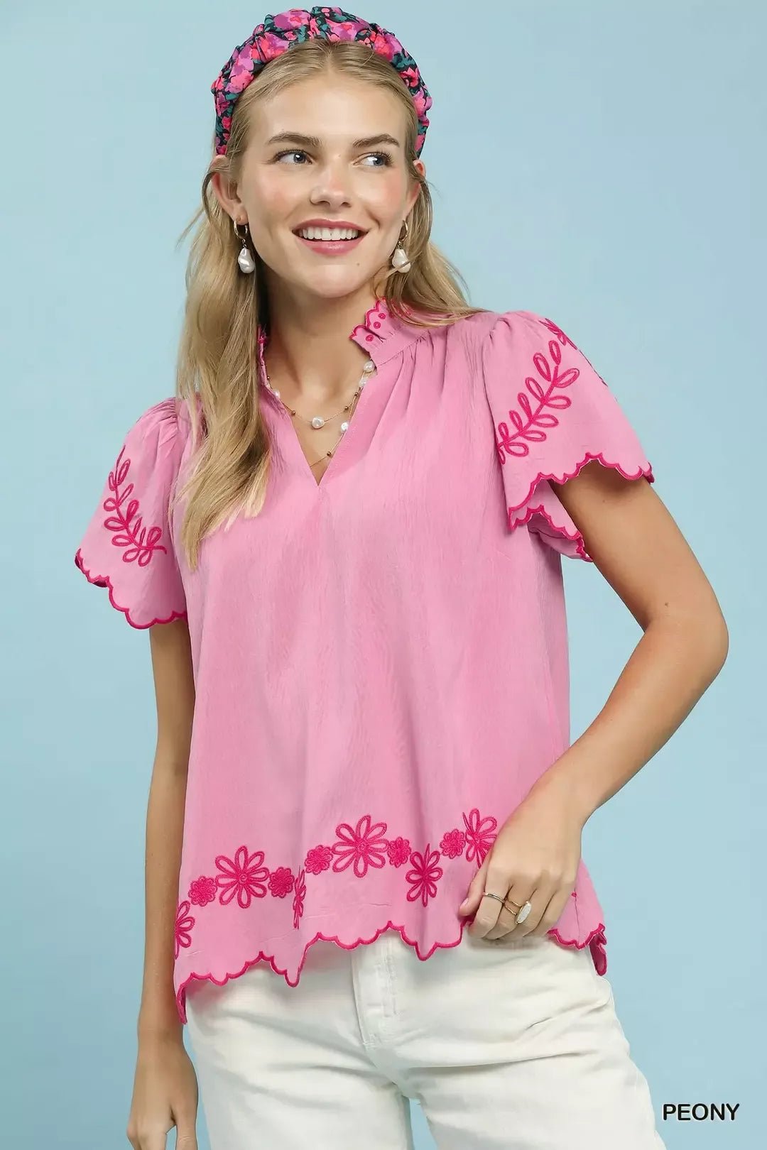 Umgee Embroidered Scallop Top - Bitsy Gypsy Boutique