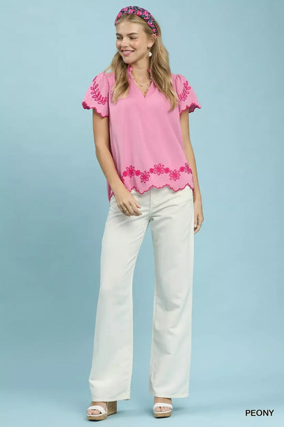 Umgee Embroidered Scallop Top - Bitsy Gypsy Boutique