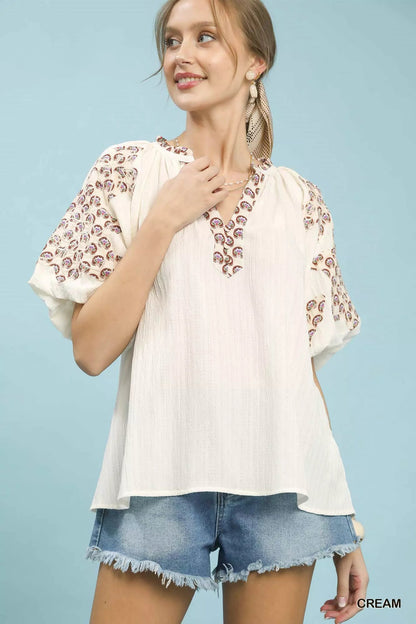 Umgee Embroidered Sleeve Contrast Trim Top - Bitsy Gypsy Boutique