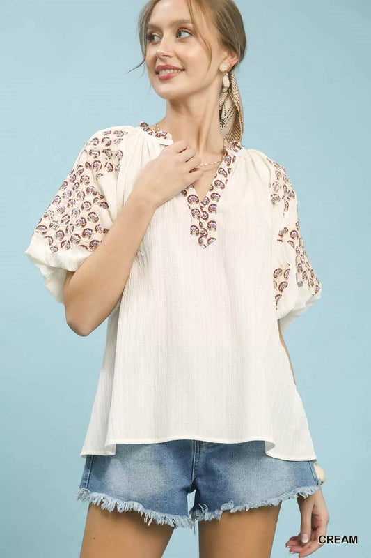 Umgee Embroidered Sleeve Contrast Trim Top - Bitsy Gypsy Boutique