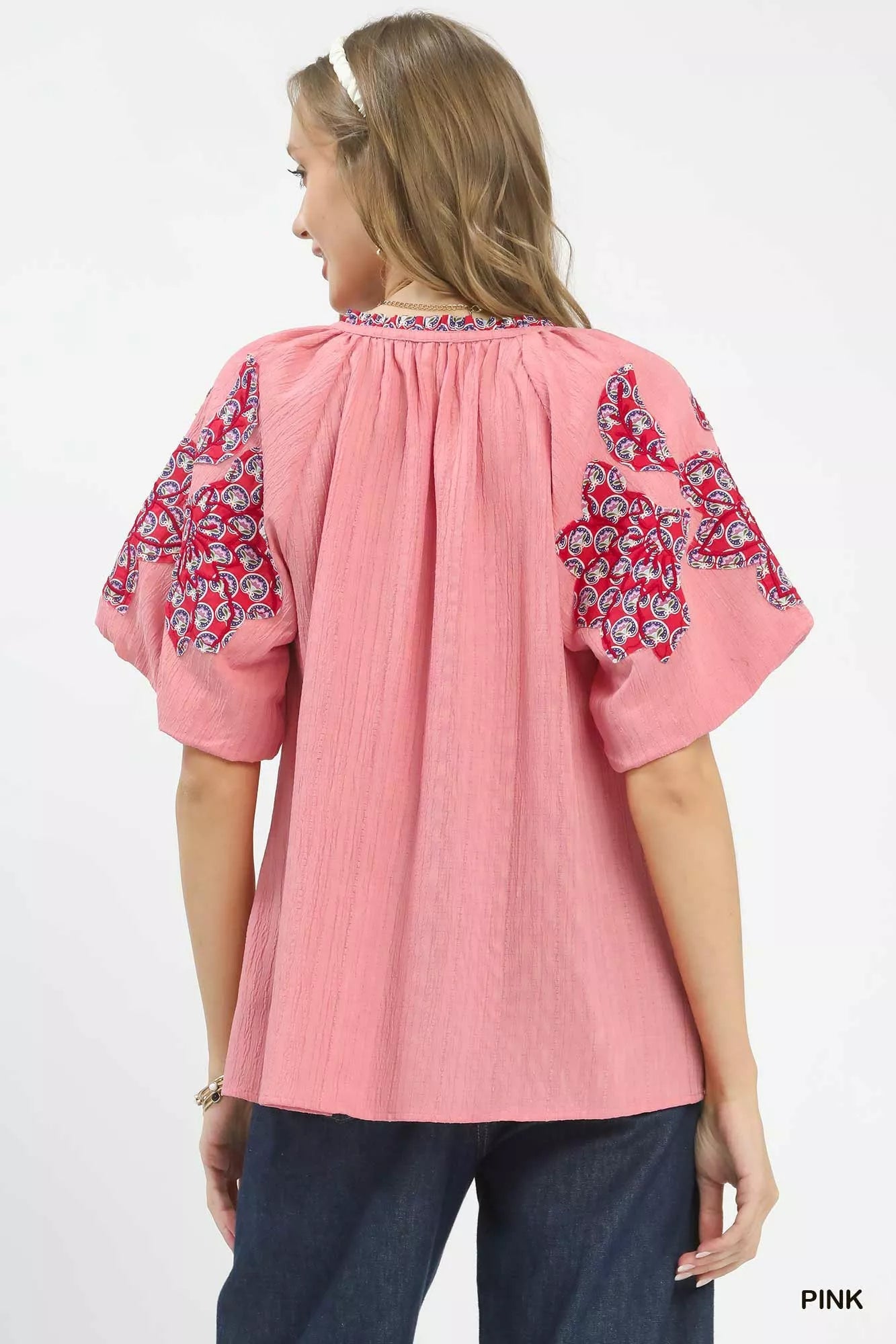 Umgee Embroidered Sleeve Contrast Trim Top - Bitsy Gypsy Boutique