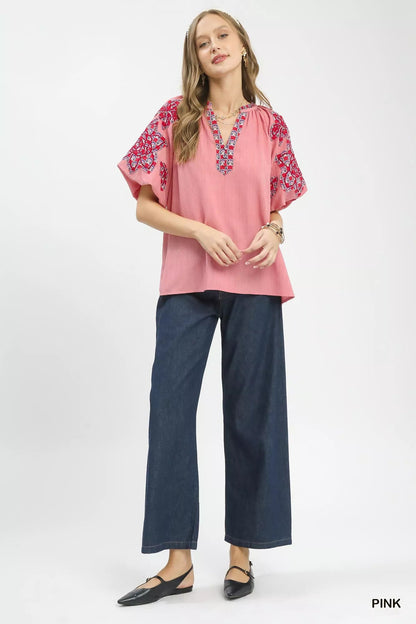 Umgee Embroidered Sleeve Contrast Trim Top - Bitsy Gypsy Boutique